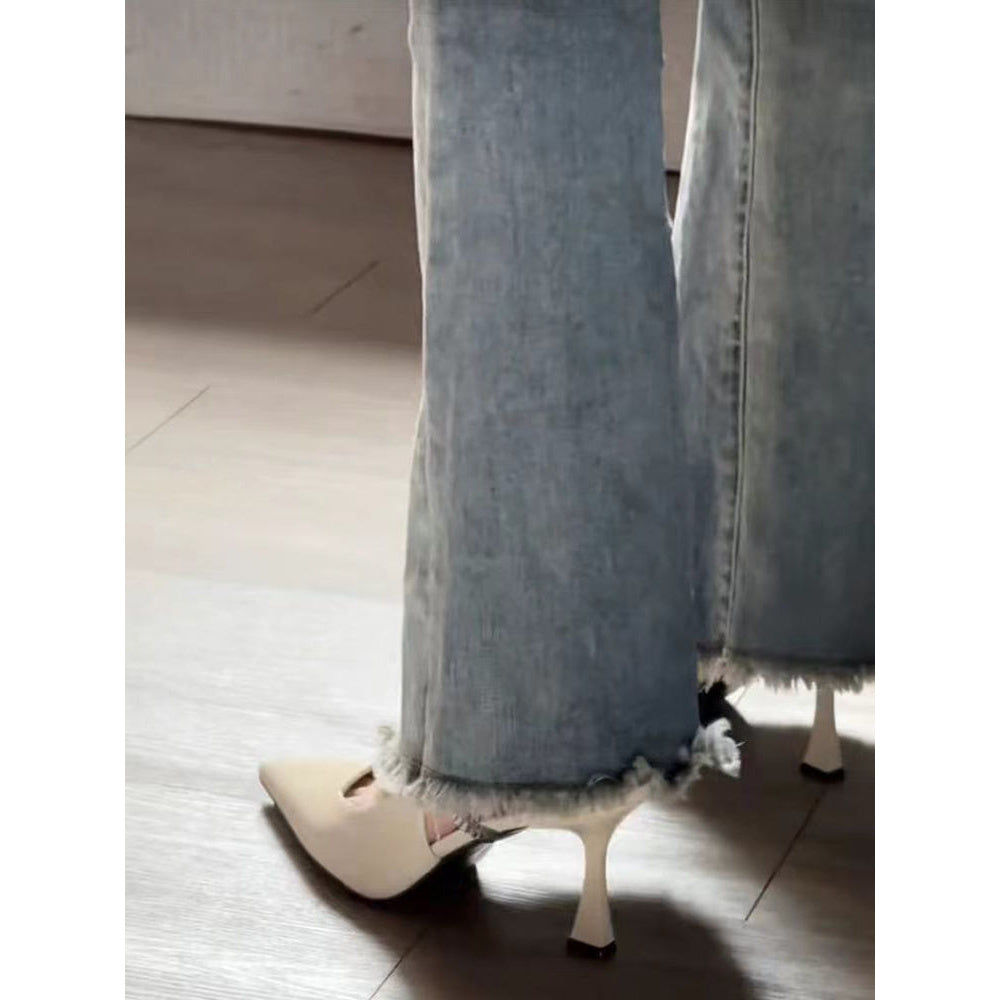 French Style Back Strap Black Pointed Toe High Heels Spring Summer Hot Item Dress Single Shoes Sandals Women Black, Women Shoes